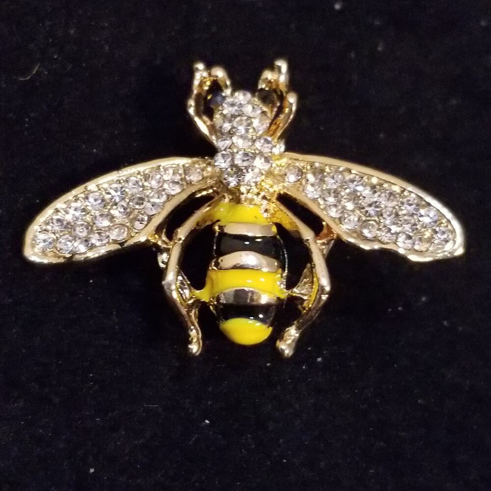 Bumble bee brooch gold tone with enamel and rhinestones 2x1 1/2 inches
